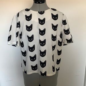 Moon Collection cream black cat print blouse M / L